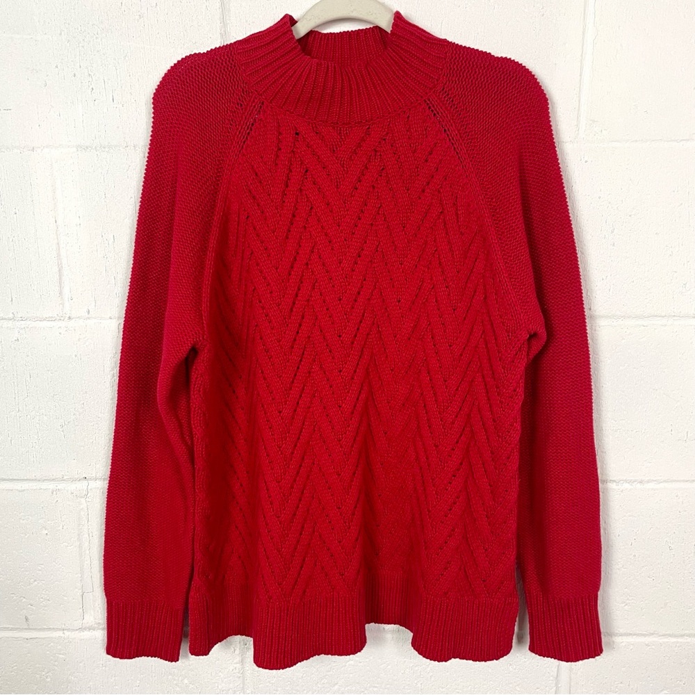 Chaps Mock Neck Sweater Tunic Cable Knit Red Cabincore Winter Cozy‎ Fisherman XL